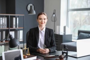 Female DUI lawyer sitting at workplace in office