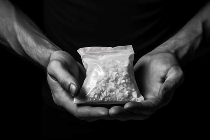 Packet with white narcotic in hand - drug crime