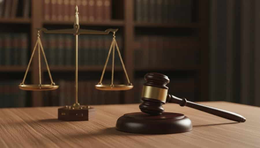 Judge's gavel and scales of justice in law library